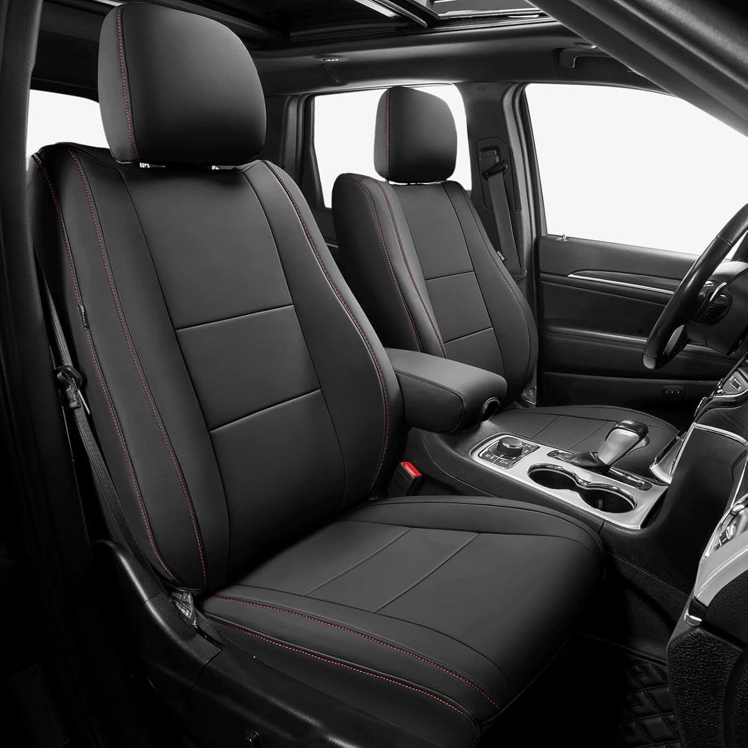 FREESOO for Jeep Grand Cherokee Seat Covers 2011-2021, Custom Fit Car Seat Covers, Luxury Waterproof Leather Seat Covers for Cars, Car Cushion Protector - Front Seats Black Red Line