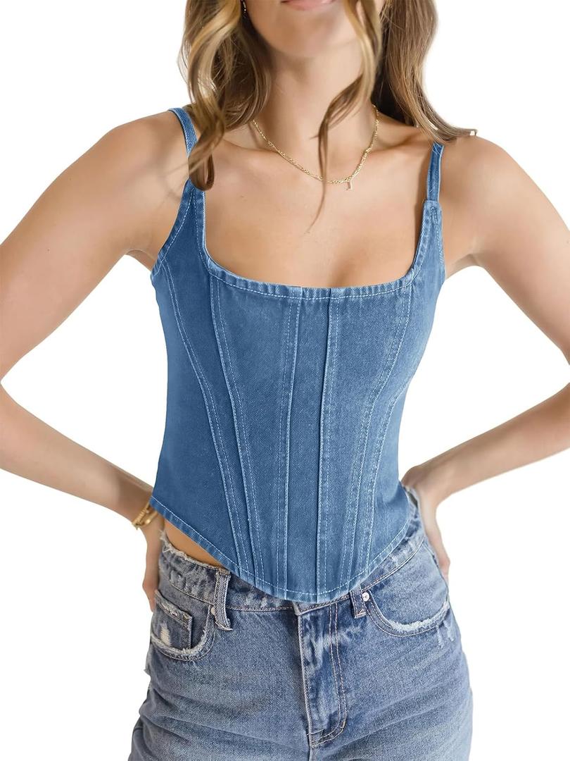 Imily Bela Womens Denim Corset Tank Tops Sleeveless Slim Fit Vest Spaghetti Strap Summer Crop Top, Light Blue, XX-Large