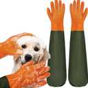 YOFANG Pet Grooming Gloves for Washing Dogs & Cats, 27.6" Extra Long Waterproof Rubber Bath Gloves, Anti-Bite Anti-Scratch Hair Removal Cat Bath Glove with Soft 3500+ Particles, Orange