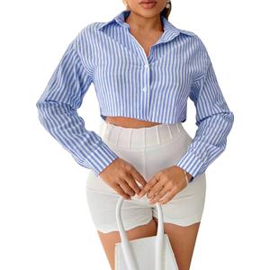 SUNNOW Women's Loose Striped Long Sleeve Shirt Cropped Long Sleeve Tops (Blue, S)