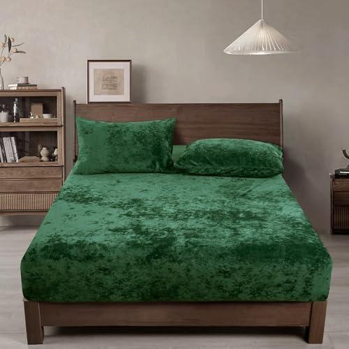 PHF Truly Velvet Fitted Sheet Only Queen Size, Luxury Super Soft Cozy Comfy Flannel Bottom Sheet with 15" Deep Pocket,Suitable for Fall Winter and Spring, No Pillowcases, Emerald Green