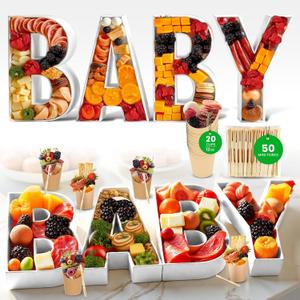 12" Baby Letters for charcuterie Board and fillable Letters for Food, Safe Baby Shower Food Display, Paper charcuterie cups with food pick, 6 Pcs Letter Food Trays for Party from Paper Mache Letters