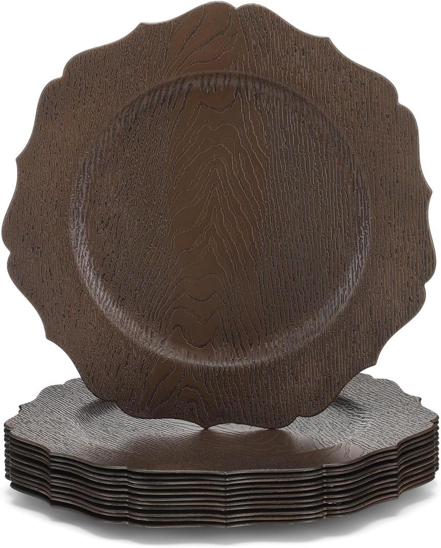 Mifoci 12 Pcs 13" Rustic Brown Wooden Textured Acrylic Chargers Plates with Scalloped Rim Round Faux Wood Chargers for Dinner Plates for Fall Thanksgiving Day Wedding Party Table Decor