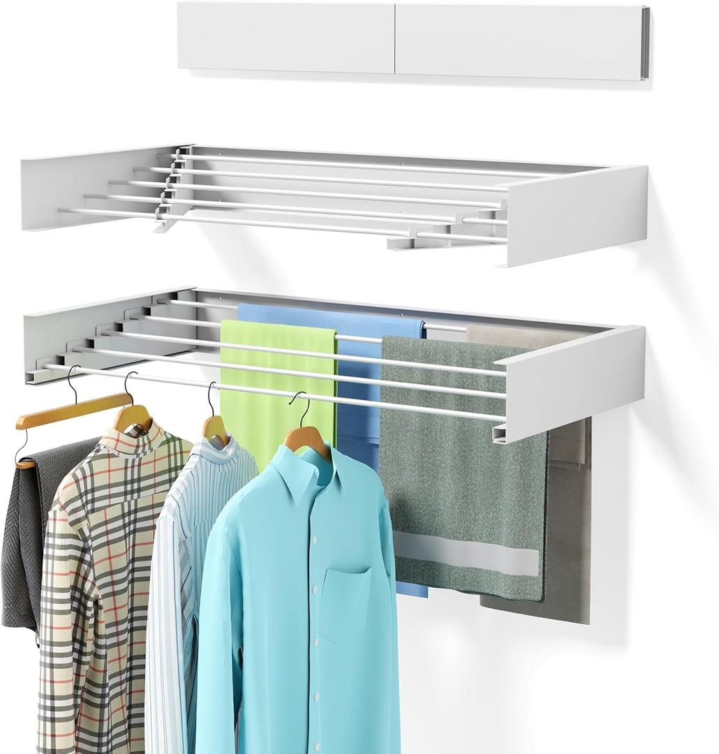 Laundry Drying Rack Collapsible, Wall Mounted, Clothes Drying Rack, 31.5" Wide, 13.2 Linear Ft, 5 Aluminum Rods, 60 lb Capacity, Laundry Racks for Drying Clothes with Wall Template(White 31.5" )