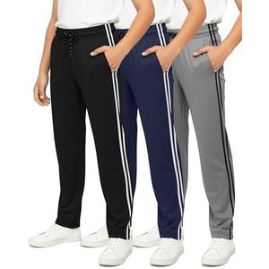 Real Essentials 3 Pack: Boys' Mesh Open Bottom Active Sweatpants with Pockets & Drawstring, XL(16-18)