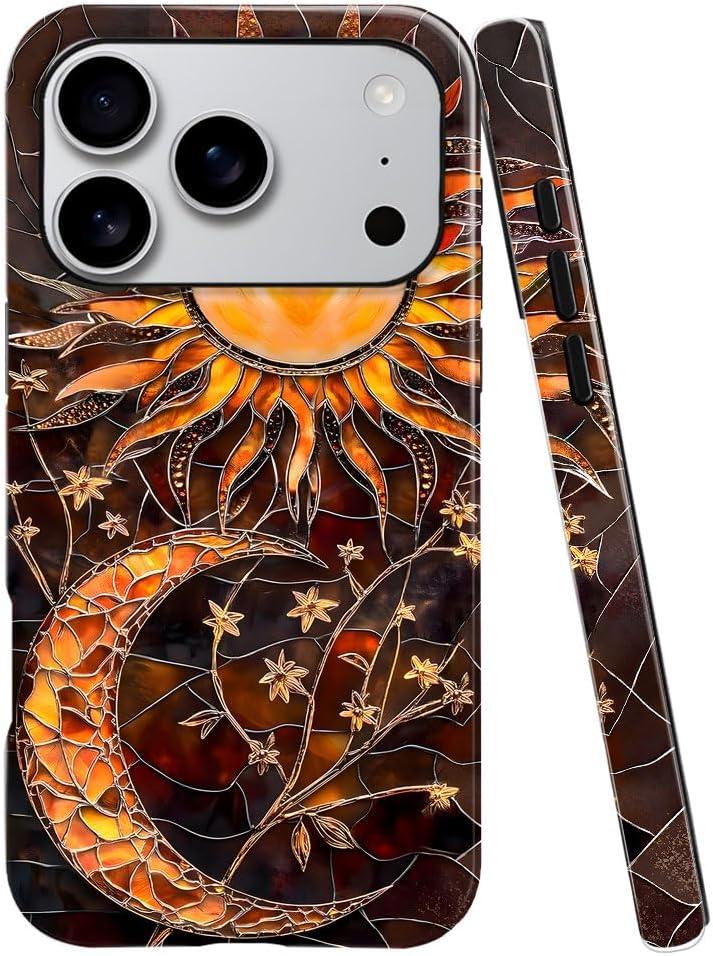 Case for iPhone 17 Pro,Fits Glossy Case Design for Girl Women,Celestial Stained Glass Sun Moon Flower