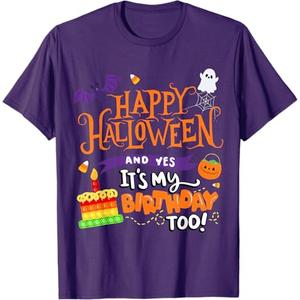 Happy Halloween And Yes It's My Birthday Halloween Apparel T-Shirt, (L, Purple)