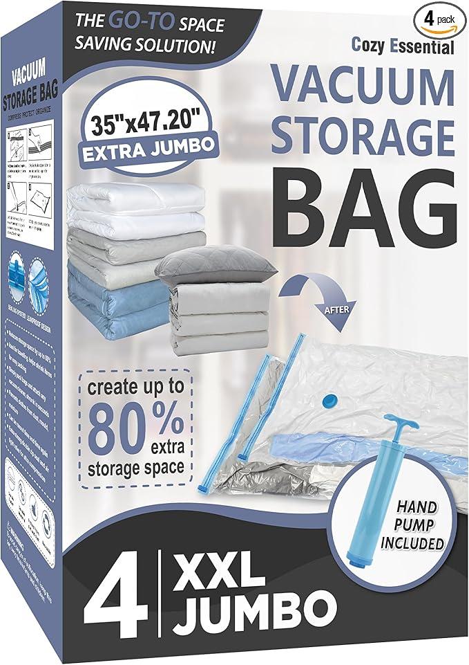 Cozy Essential 4 Pack XXL Jumbo Vacuum Storage Bags, Extra Large Vacuum Seal Bags for Comforters, Bedding, Blanket Storage, Giant Space Saver Bags for Huge Stuffed Toy(47.2x35 in)