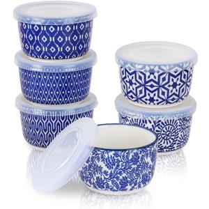 Selamica 6 oz Ramekins with Lids Oven Safe, Creme Brulee Ramekins Souffle Dishes with Covers, Pudding Custard Cups Stackable Ceramic Mini Ramekin Bowls Set for Baking, Dipping, Set of 6, Vintage Blue