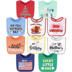 The Peanutshell Baby Boy or Girl Terry Bibs Set of 10-100% Cotton, Soft, Absorbent Baby Bibs, Unisex Toddler Boy or Girl Set, Newborn & Infant - Holiday
