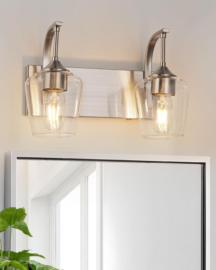 Brushed Nickel Bathroom Light Fixtures Bathroom Vanity Light with Clear Glass Shade, 2-Light Modern Wall Lights for Bedroom Hallway Living Room (E26 Base) (15 inch)