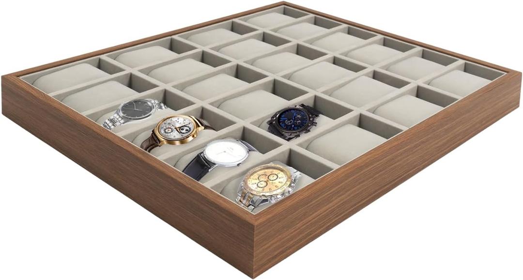 LOYALHEARTDY 24 Grid Watch Jewelry Tray Organizer Wooden Box Organizer Display Tray Watch Bracelet Display Holder with Removable Pillow for Men & Women Storage and Display