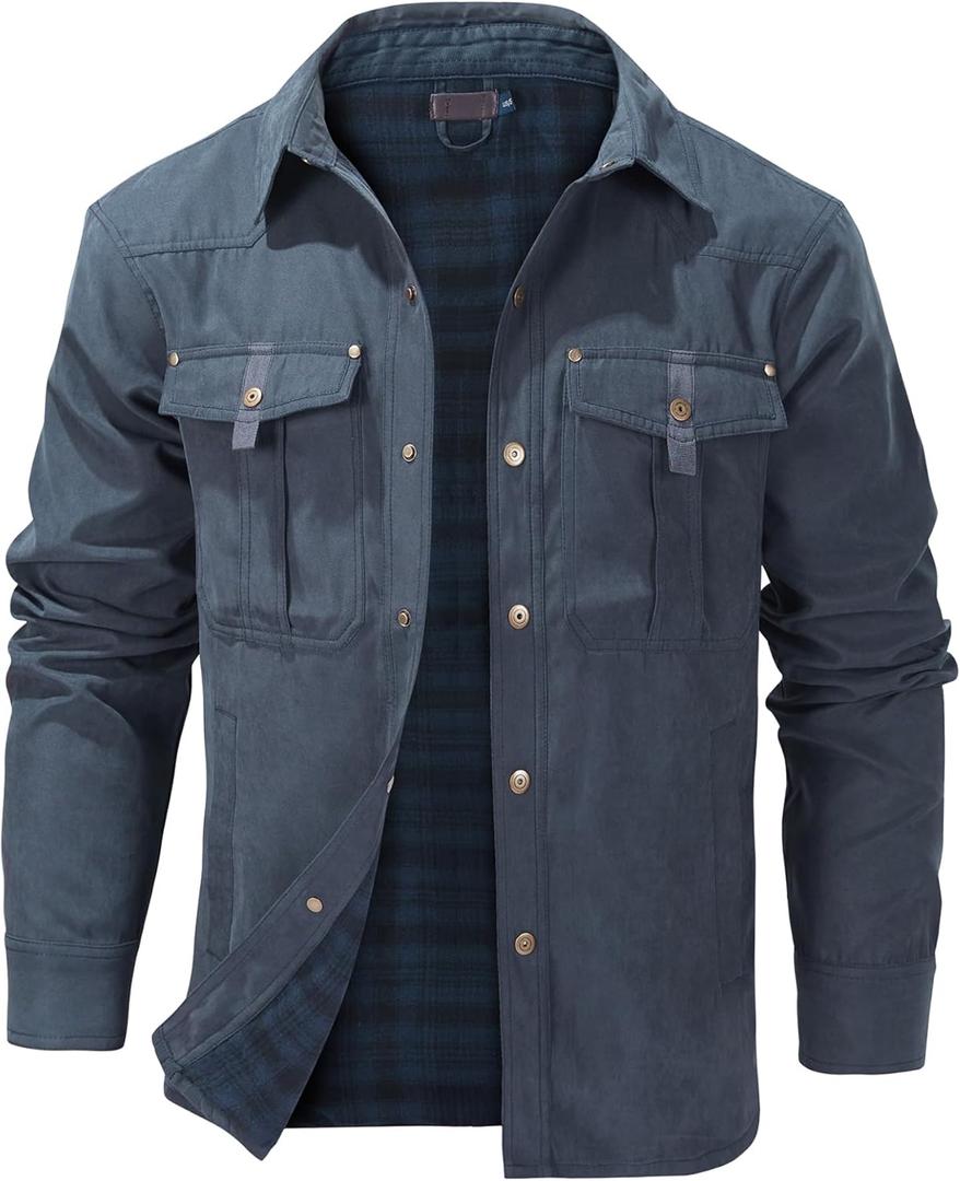 Mens Flannel Lined Lightwight Casual Snaps Plaid Shacket Shirt Jacket with Pockets (X-Large, Blue)