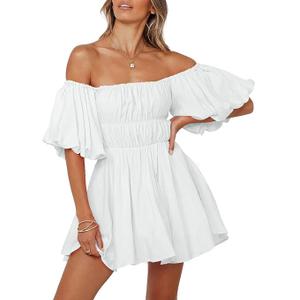 Dokotoo Womens  Summer Dresses 2025 Short Lantern Sleeve Ruffle Elastic Waist A-Line Casual Mini Dress L
