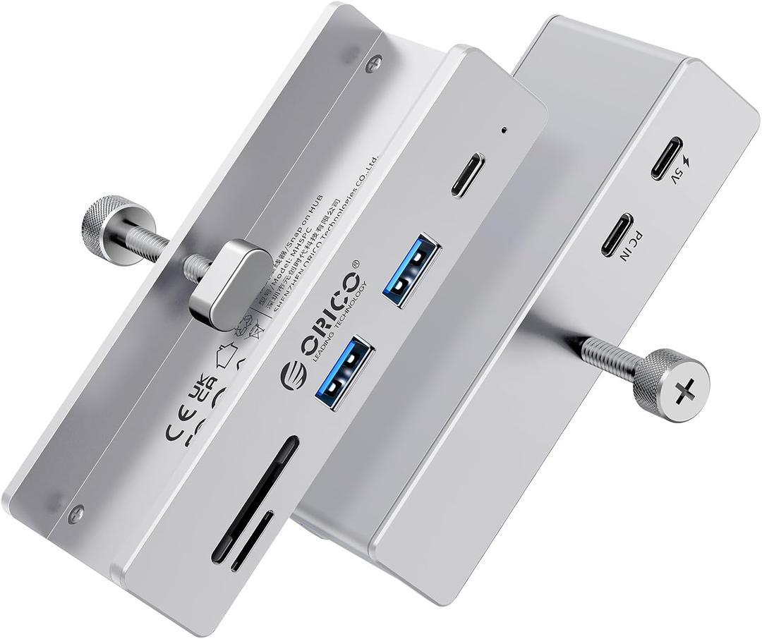 ORICO USB Hub 3.2, Clamp USB-Hub with Extra Power Supply Port, 10Gbps Aluminum 5-Port USB Extender with 2 USB-A 3.2 Ports, USB-C 3.2, SD/TF Card Reader 3.0, USB-3.2 Splitter for Monitor, Desk