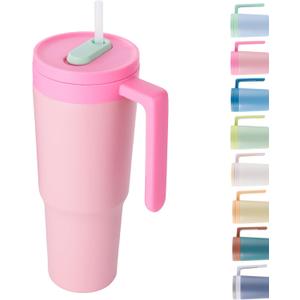 40 oz Tumbler with Handle and Straw, Triple Layer Insulated Stainless Steel Water Bottle with Infuser, Travel Tumbler Fit Most Cupholder, Gifts for Women & Men, Pink