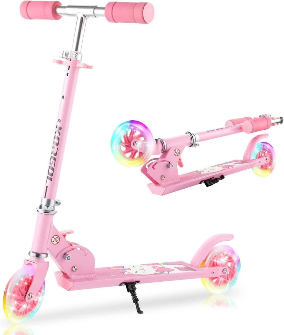 Scooter for Kids Ages 3-12 - Kids Kick Scooters with Led Light Up Wheels & 3 Levels Adjustable Handlebar, Lightweight Foldable 2 Wheel Girly Pink Scooter Christmas Birthday for Girls Boys.