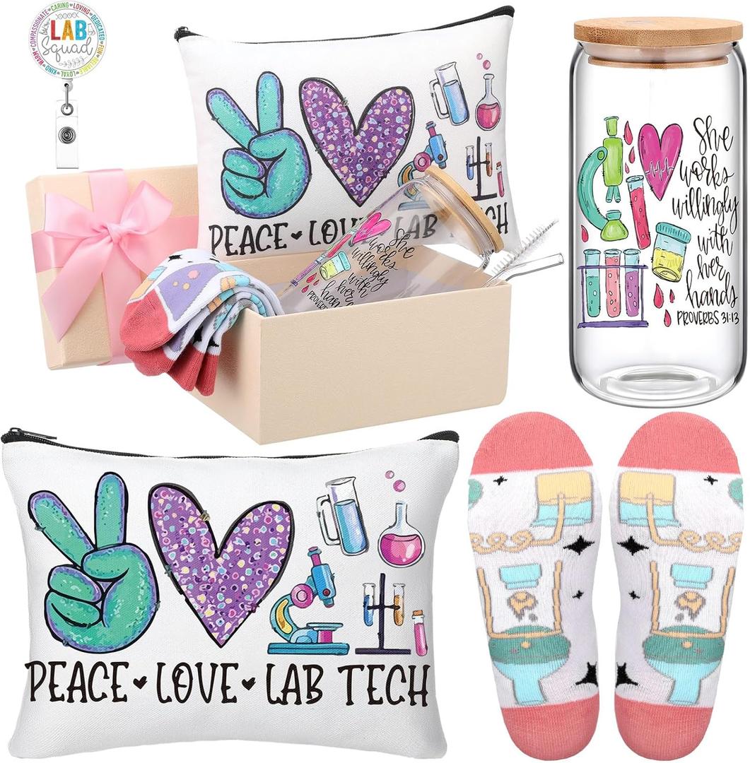 Skylety 5 Pcs Lab Tech Gifts for Women 16oz Glass Cup Sock Bag Badge Reel Medical Laboratory Tech Appreciation Gift Box Thank You Laboratory Workers Scientist Medical Assistant Nursing Staff Supplies