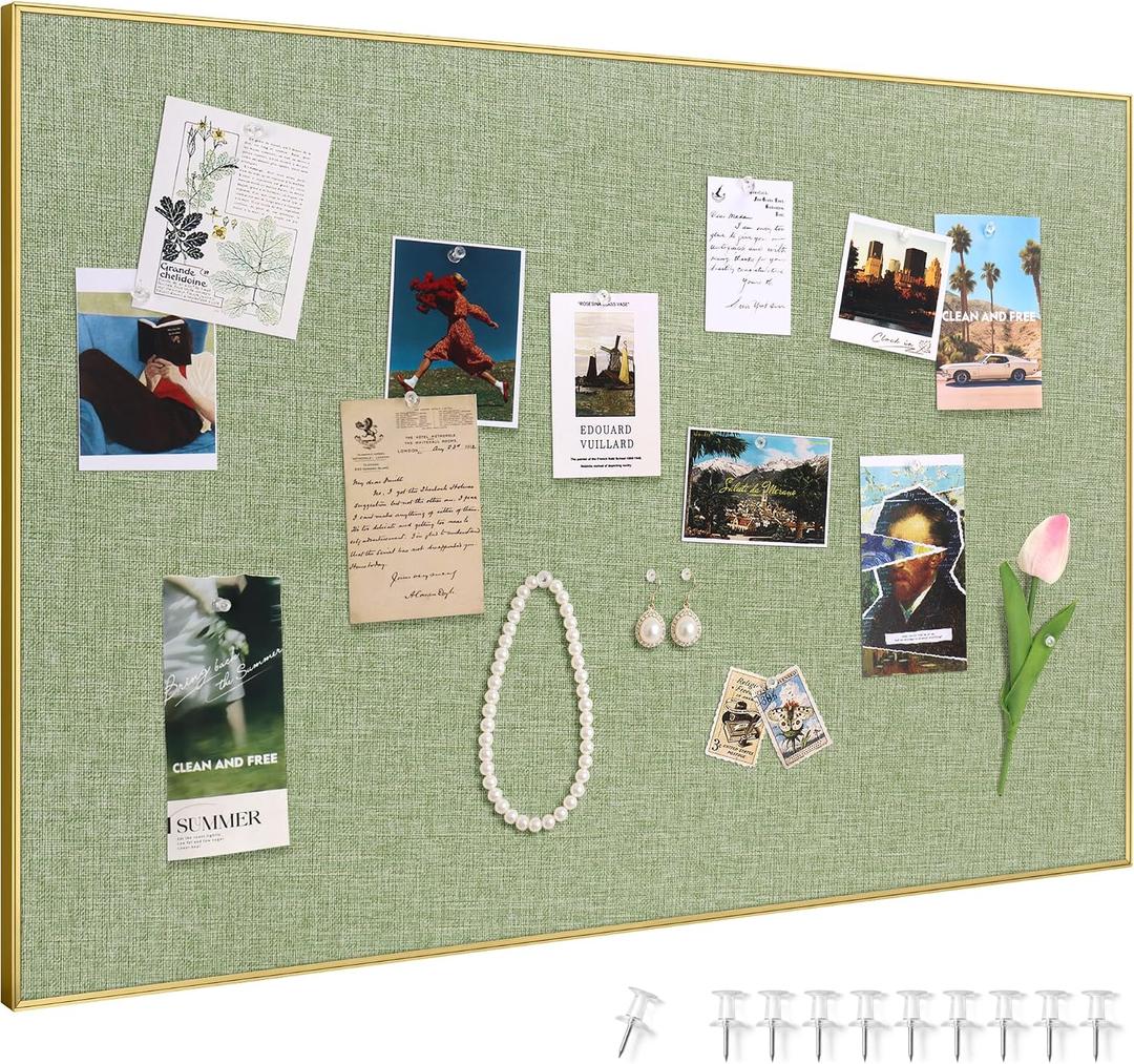 SELEAD Linen Bulletin Board 30” x 20” - Golden Aluminum Frame, Green Fabric