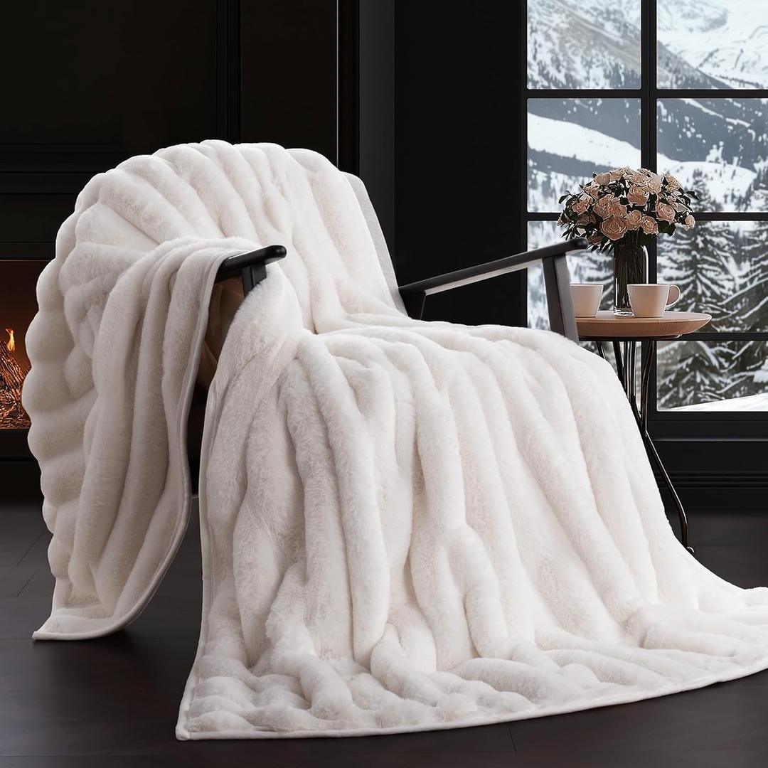 EverGrace Soft Luxury Faux Rabbit Fur Throw Blanket for Couch, Cozy Fluffy Channel Throw Blanket for Bed, Fuzzy Warm Thick Mink Blanket with Reversible Velvet for Winter, Ivory White, 60"x80", 820GSM