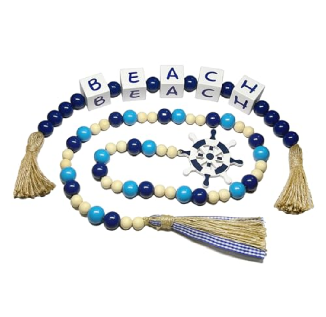 Pack Of 2 Perfeso.L Farmhouse Wooden Letter Block Sign and Boho Tassel Bead Garland Beach Lake House Decor for Bathroom, 2-Pcs Set Blue Bead Garland with Tassels Home Decoration