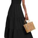 BTFBM Summer Dresses 2026 Spring One Shoulder Floral Flowy Sundresses for Women Sleeveless Smocked Boho Beach Maxi Dress (Small, Solid Black)