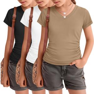 2 x 3 Pack Girls Short Sleeve Shirts Summer Slim Fit V Neck Tops Side Ruched Cute Tees Basic Clothes for Kids 11-12 Years