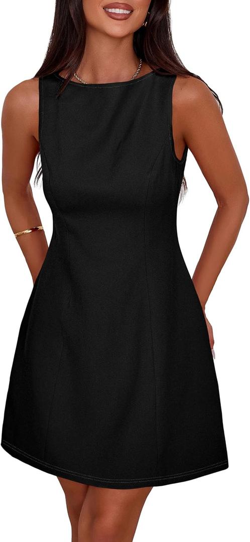 PRETTYGARDEN Womens Formal Short Dresses 2026 Summer Sleeveless Boat Neck A Line Elegant Mini Cocktail Party Dress, X-Small, Black