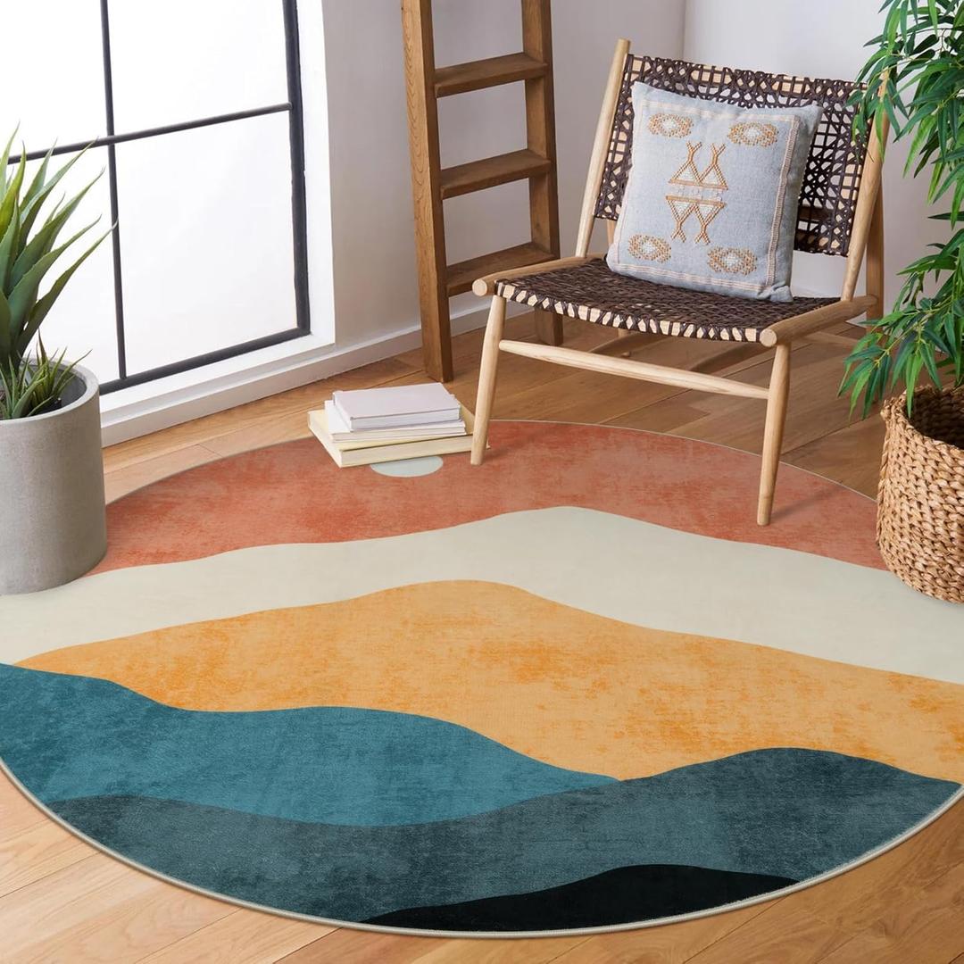 Sungea 6 ft Abstract Round Rugs for Bedroom, Washable Non-Slip Circle Rug, Soft Colorful Low-Pile Floor Mat, Chic Faux Wool Large Rug, Indoor Throw Rugs for Living Room, Kidsroom