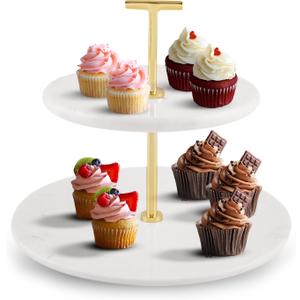 Supabon 2 Tiered White Marble Tray with Gold Metal Stand - Serving Tray for Desserts, Pastries, Cupcakes, Countertop Decor Display Stand, Detachable White Marble Plates with Gold Metal Handle