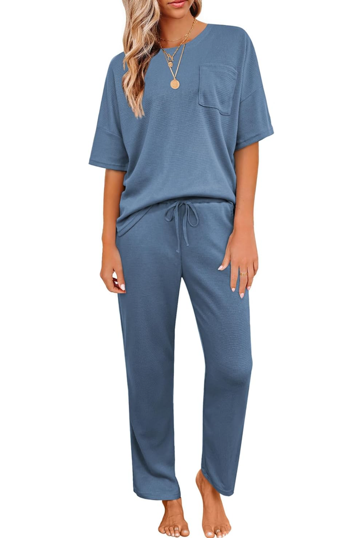 JiniGolla Womens Pajama Sets Waffle Knit Short Sleeve Shirt with Long Pajama Pants Soft Sleepwear Pj Lounge Sets, L