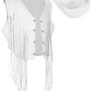 Yaomiao 70s Hippie Womens Fringe Vest Western Felt Cowgirl Hat Cowgirl Costume Rivets Sleeveless Faux Suede Tassels Jacket XL