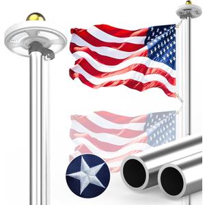 12-Gauge Heavy Duty Flag Pole Holder for Outside House, Flag Pole Kit with Light Solar Powered and Flag, 25FT 100MPH Silver, 2MM Thick Flagpole Hardware with Pulley and Rope