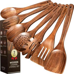 Kikcoin 7 PCS Durable Natural Teak Wooden Cooking Utensils Set, Non Toxic Wooden Spoons for Cooking, Wooden Utensil Set for Cooking with Comfort Grip, Nonstick & Easy to Clean Wood Kitchen Utensil Set