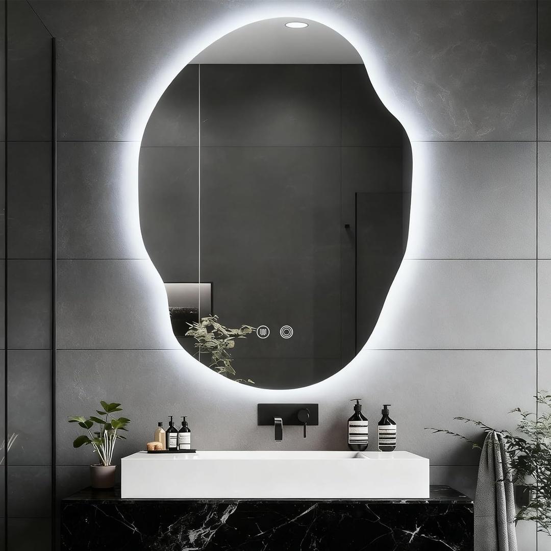Asymmetrical Bathroom Mirror with Lights,Irregular LED Bathroom Vanity Mirror with Backlit,Anti-Fog,3 Colors and Dimmable Light with Memory,Hardwired Supported[Horizontal/Vertical] 30" H x 22" W