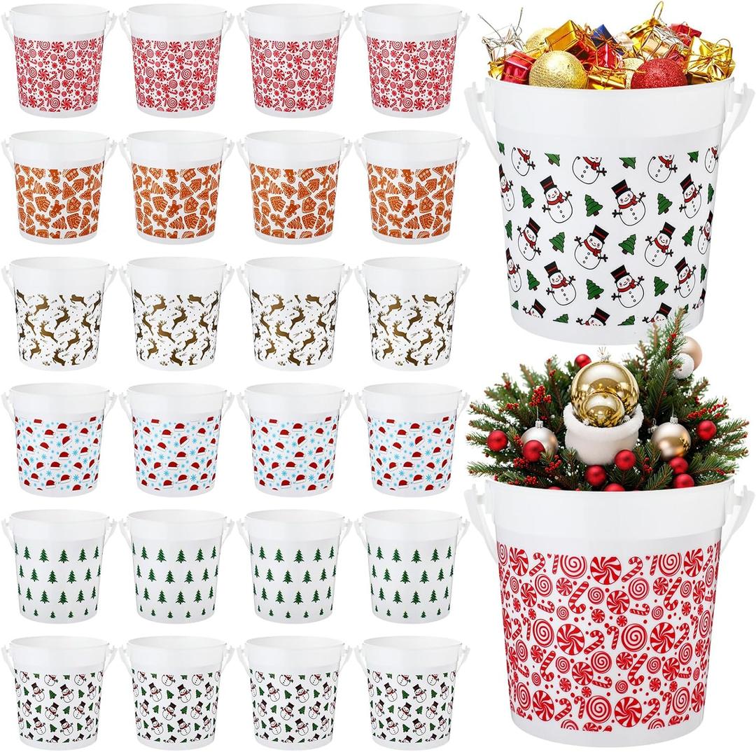 Honeydak 24 Pcs 32oz Christmas Plastic Pail with Handle 5.3 x 4.8 x 3.7 Inches Reusable Christmas Treat Buckets for Gift Snowman Gingerbread Food Container for Xmas Winter Holidays Party Favors
