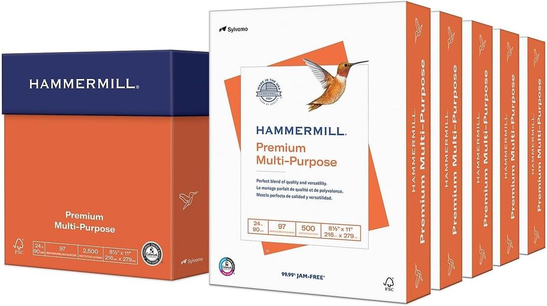 Hammermill Printer Paper, Premium Multipurpose Paper 24 lb, 8.5 x 11-5 Ream (2,500 Sheets) - 92 Bright, Made in the USA