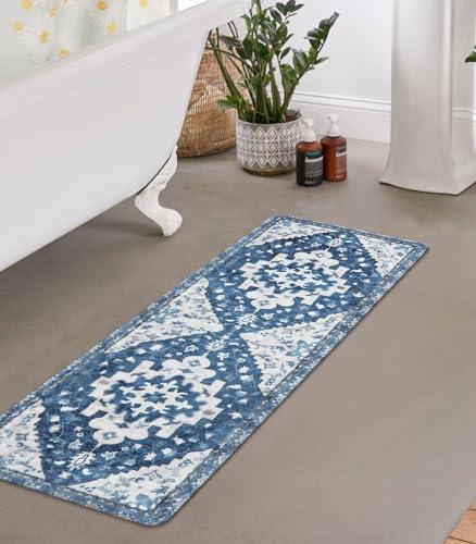Uphome Boho Retro Bathroom Rug Runner Blue Non-Slip Soft Bath Mat Oriental Tribal Machine Washable Bath Rug Traditional Farmhouse Floral Long Rug for Shower Sink Entrance, 18x47 inch