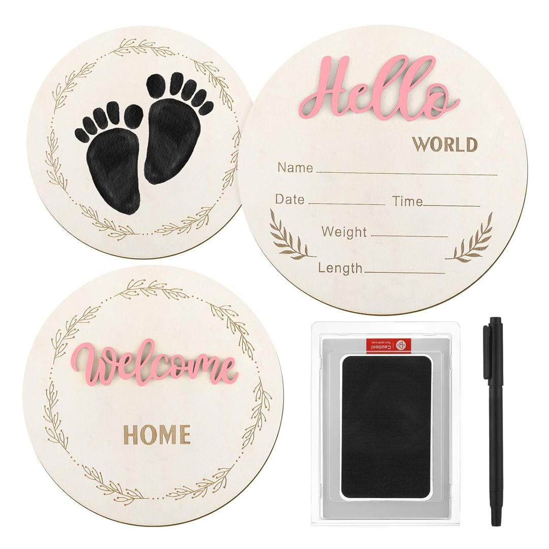 2 Pcs Baby Announcement Sign, 5.9in Hello World Newborn Sign with Ink Pad Pen, Birth Announcement Sign Wood Baby Name Sign for Hospital Nursery Baby Shower Photo Prop