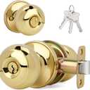 Flat Ball Door Knob with Keys and Lock, Keyed Entry Round Design Doorknob for Front/Entrance Doors, Polished Brass Finish (1 Pack)