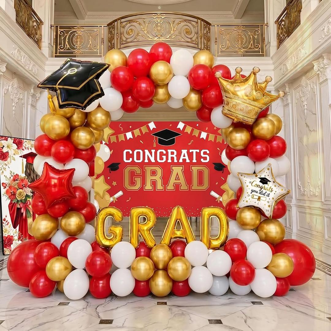 Red White Gold Balloon Garland Arch Kit with backdrop Stars Graduation Cap crown GRAD Letters Mylar Balloons for 2026 graduate Prom Decorations