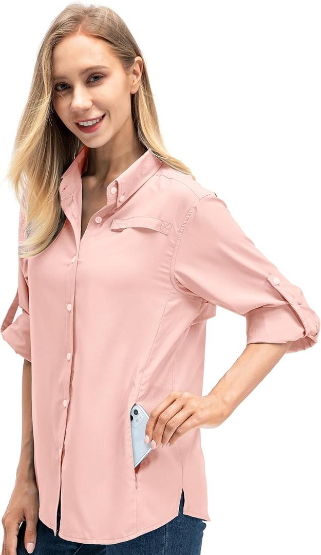 Jessie Kidden Women's Quick Dry Sun UV Protection Convertible Long Sleeve Shirts for Hiking Camping Fishing Sailing (5024 Pink) M