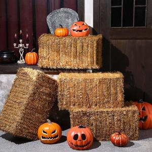 Suzile 4 Pcs Halloween Decorative Straw Bale, 24 x 12 x 12 Inches Foldable Hay Bales Decoration, Easy to Handle Reusable Fake Hay Stacks Waterproof for Indoor Outdoor Halloween Parties Photo Props