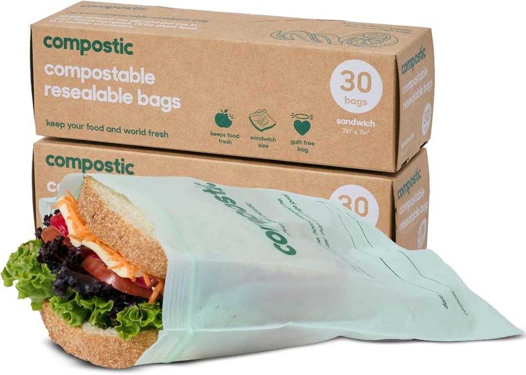 Compostic Home Compostable Resealable Sandwich Bags, Microwave & Freezer Safe, Organic Food Storage Container, 60 Count