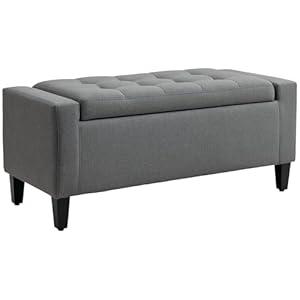 HOMCOM Storage Ottoman, Linen Upholstered Storage Bench with Lift Top and Button Tufted for Living Room Grey