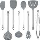 8 PCS Cooking Utensils Set, Vayvnt Silicone Kitchen Spatula Set for Cooking, Non Toxic Silicone Kitchen Utensils with Stainless Steel Long Handle, Spoon and Tong, Heat Resistant&Dishwasher Safe, Gray