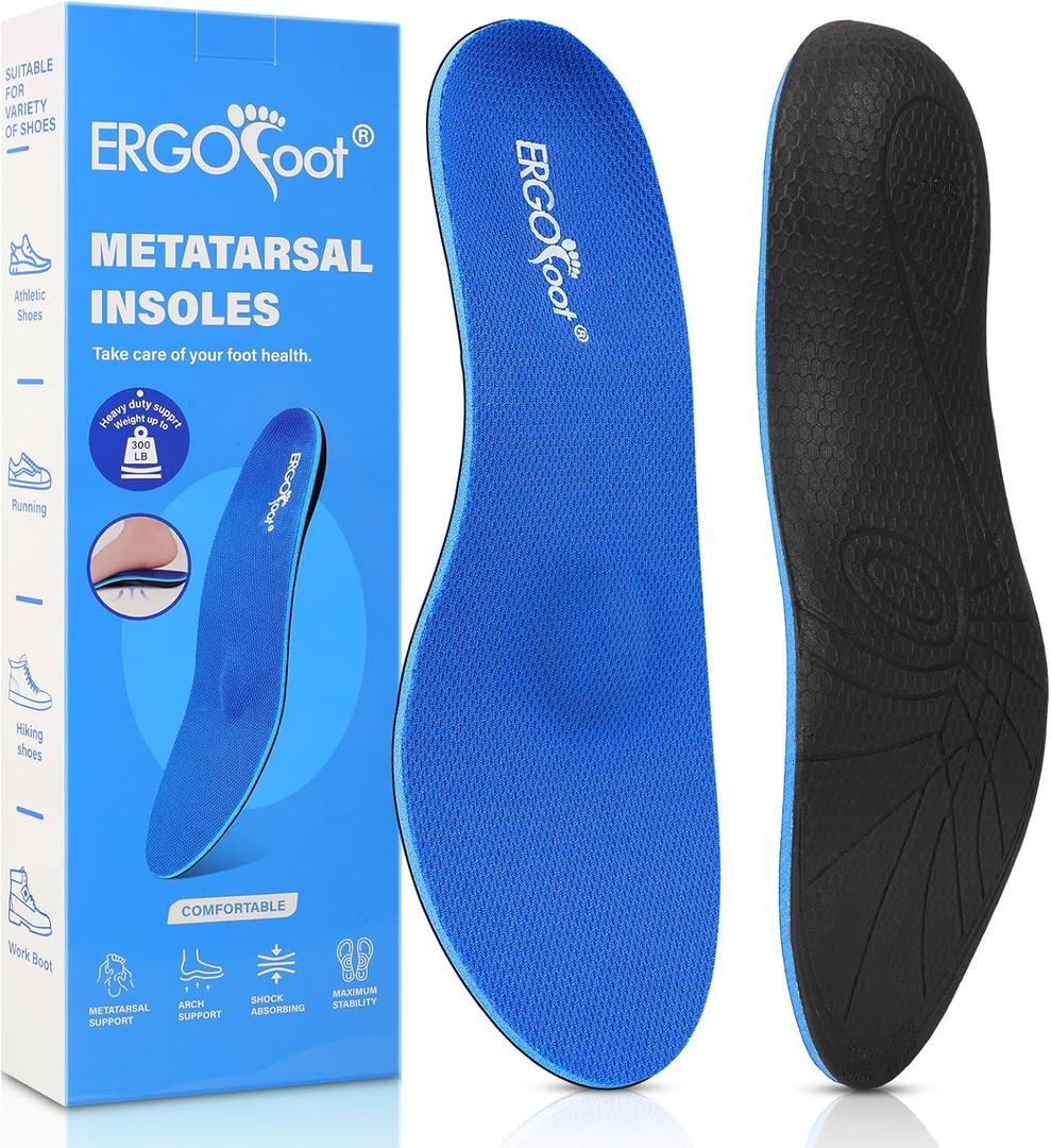 ERGOfoot Metatarsalgia Insoles, Heavy Duty Work Boot Inserts for Women Men, Relieve Morton's Neuroma and Reduce Metatarsal, Ball of Foot Pain for Standing All Day ((M: M 8-10.5 | W 9-11.5)--283mm, Blue)