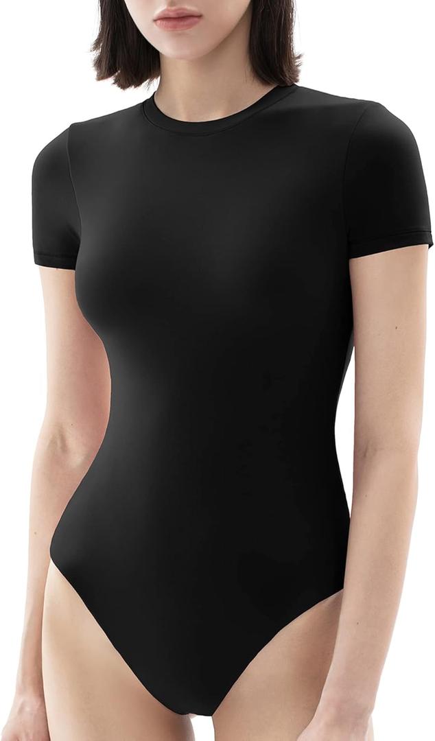 PUMIEY Women's Crew Neck Short Sleeve Thong Bodysuit Fashion T-shirt Tops Smoke Cloud Pro Collection,Medium