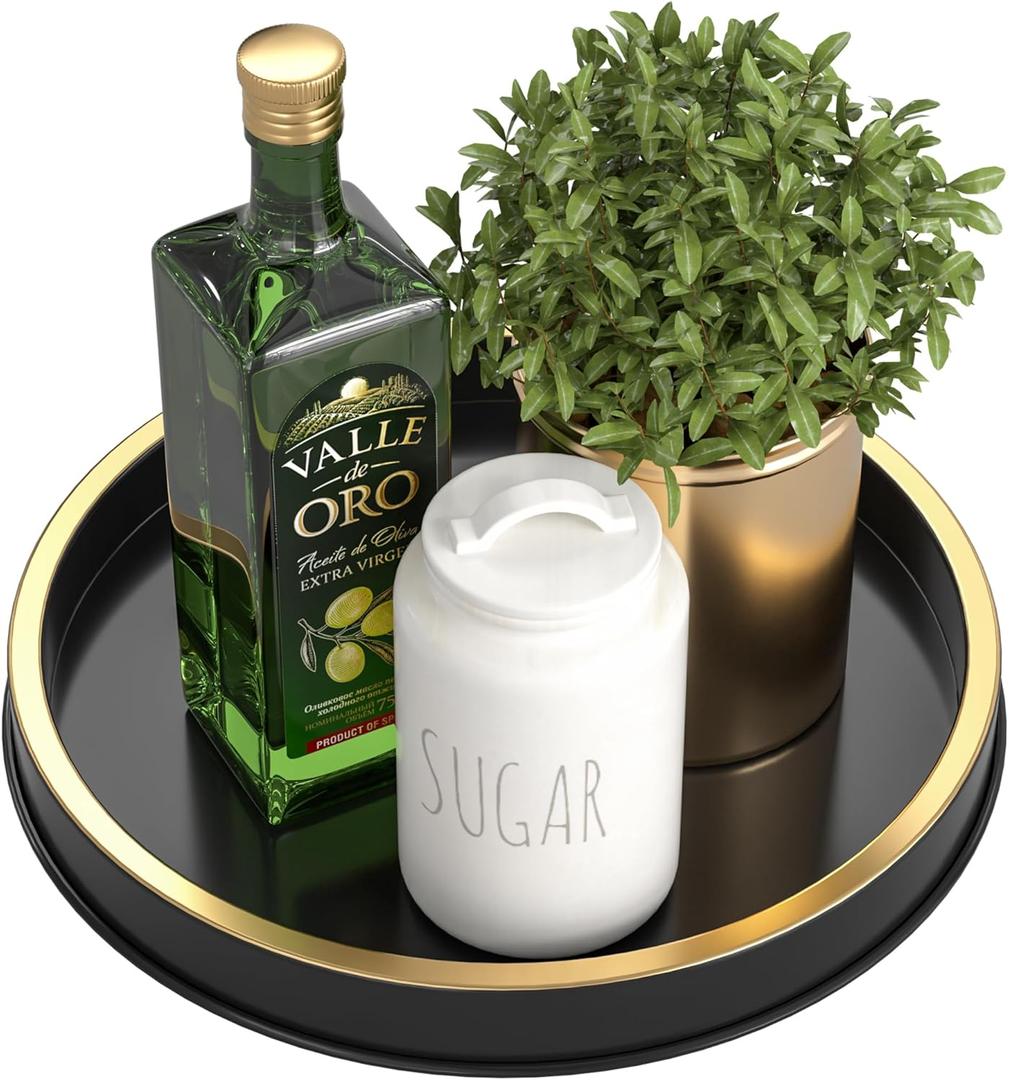 HGF Round Tray for Kitchen Countertop Decor, 10 Inch Lightweight Metal Iron Trays for Napkin Holder Condiment Spice Organizer, Decorative Tray for Coffee Table Dinner Table Decor, Black Brushed Gold