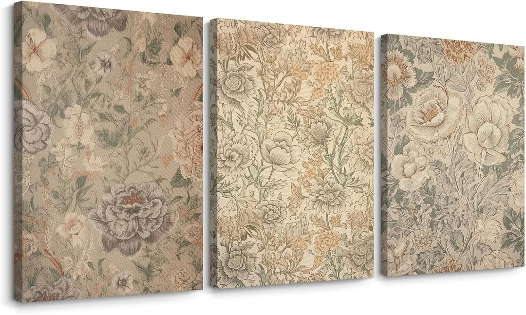 Vintage Flower Wall Art Decor Beige Floral Canvas Wall Art Botanical Rustic Pictures Prints Farmhouse Antique Painting Vintage Flower Poster for Living Room Bedroom 16x24 Inch Wrapped Canvas Set of 3